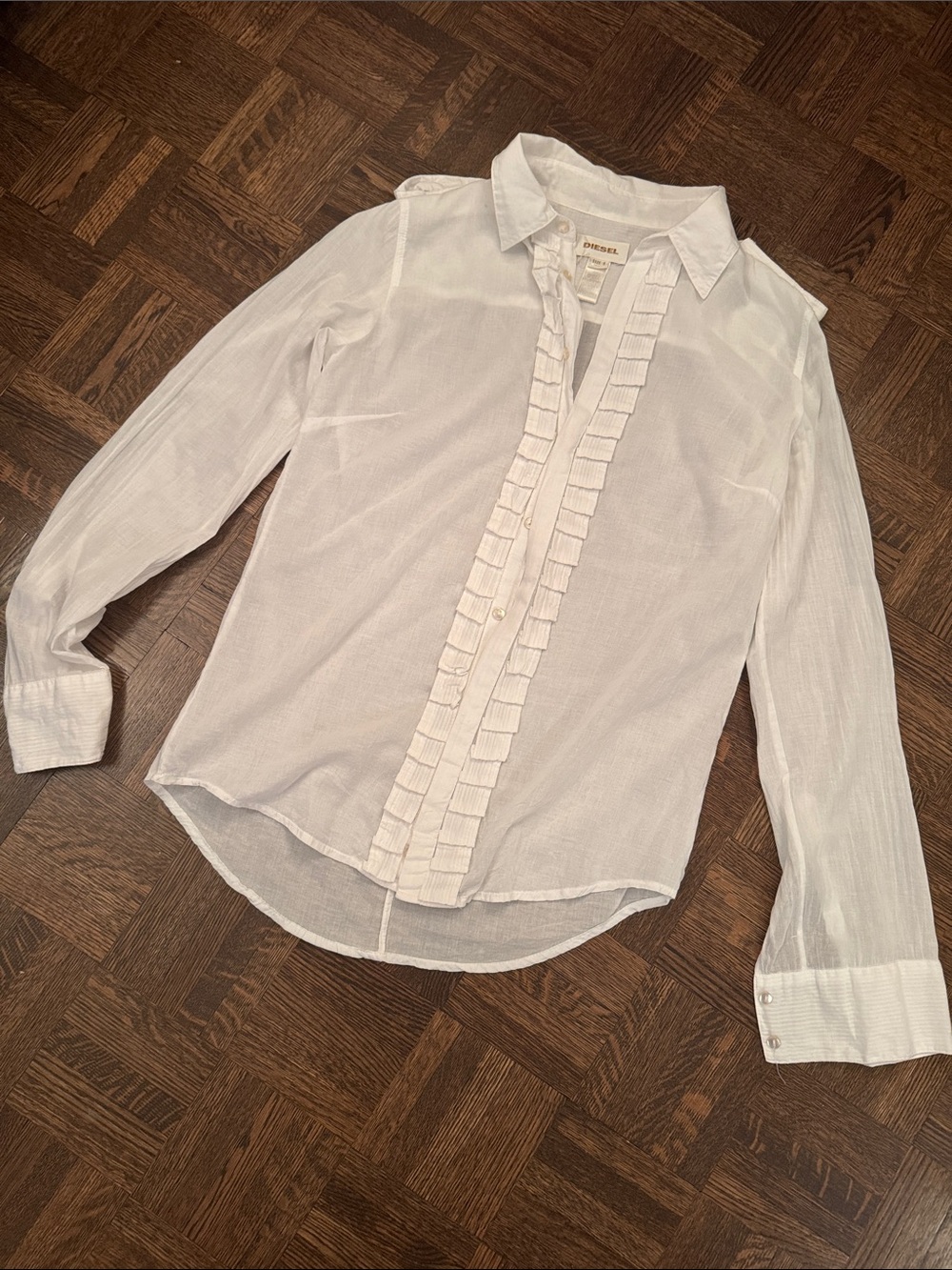 Diesel White Ruffle-Front Cotton Sheer Button Shirt size Small
